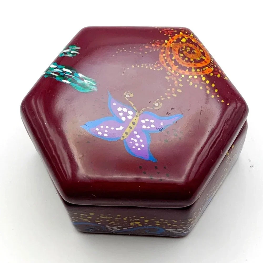 Small Butterfly & Floral Patterned Red Clay Pottery Hexagon Trinket Box With Lid